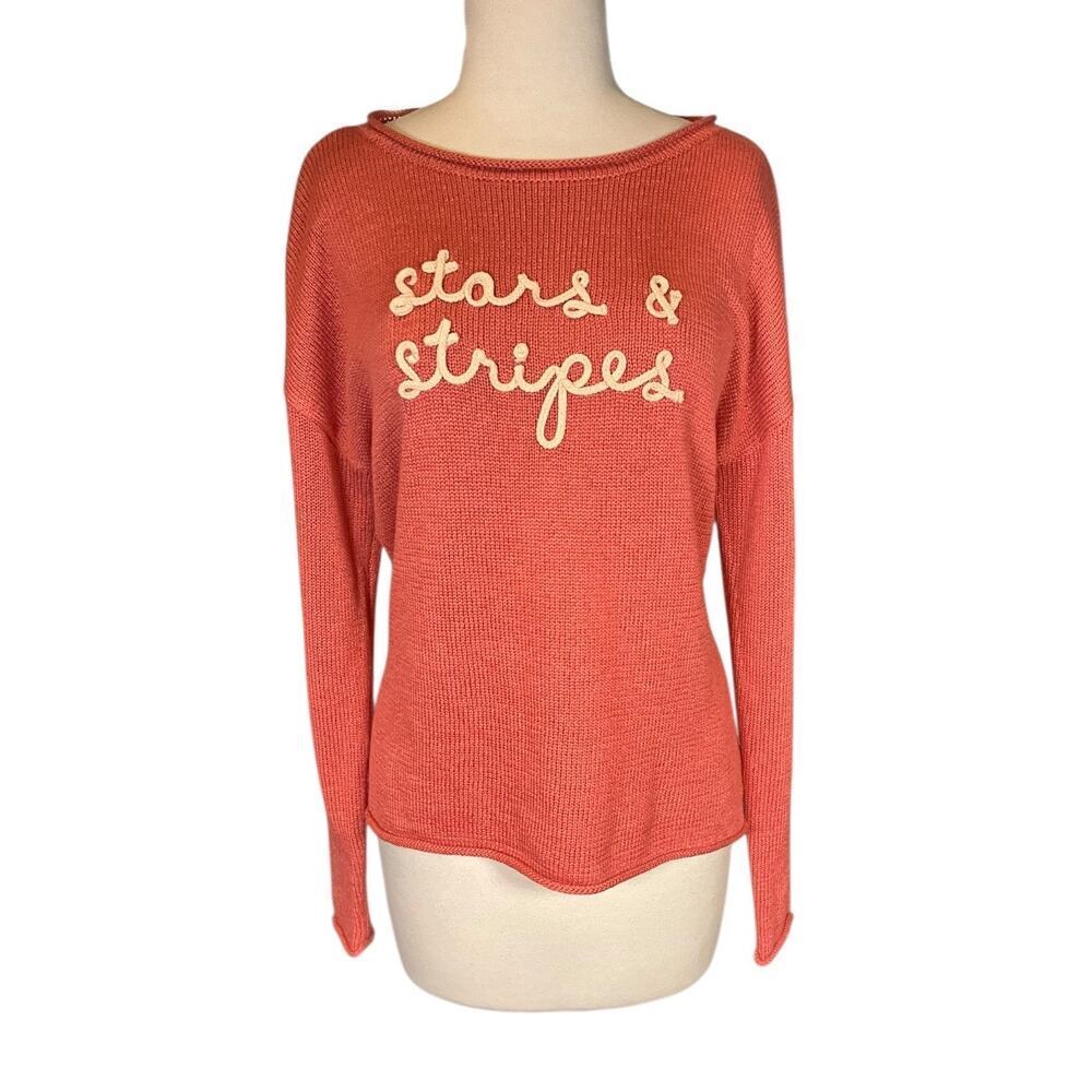 Marled Stars & Stripes Knit Sweater Medium Rust Americana Lightweight Long Sleev